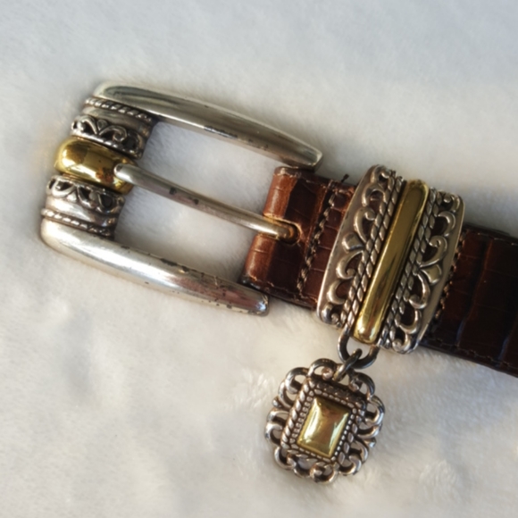 BRIGHTON ♡ Gorgeous Vintage Gold \'n Silver Design w/Charm Brown Leather Belt S main image 11